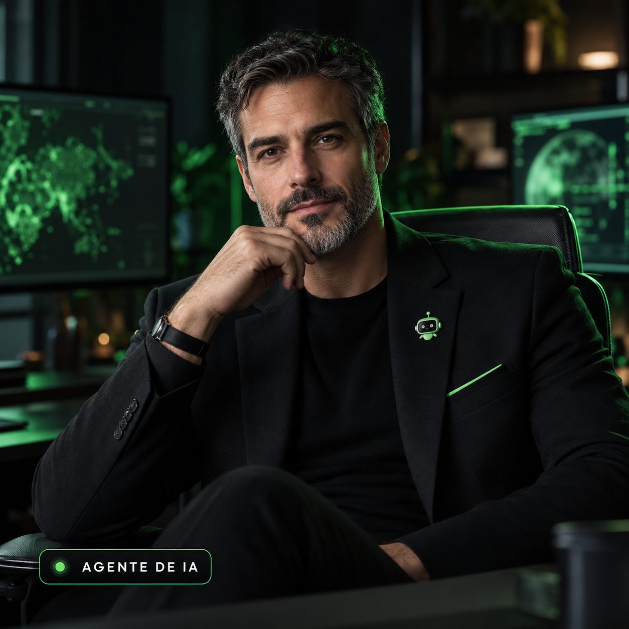 Zeldris, persona de agente de IA: barba grisalha e blazer preto com detalhe verde.